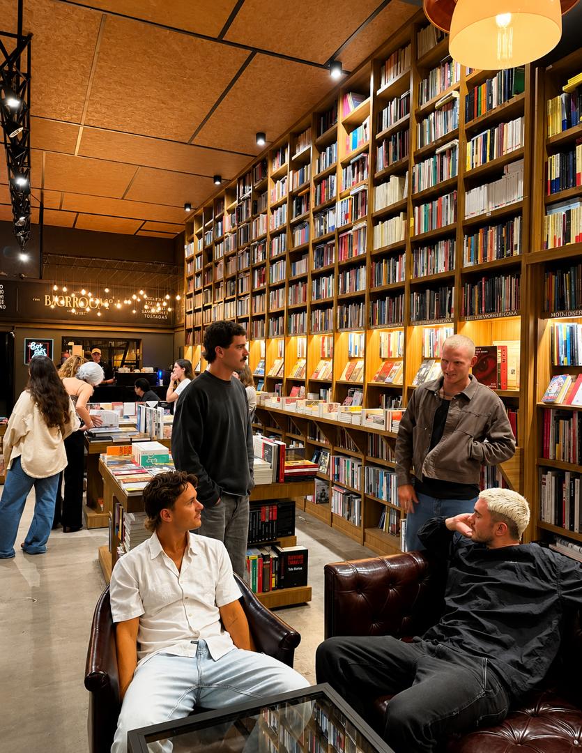 Beautiful library interior with wooden bookshelves, colorful books, and community members socializing